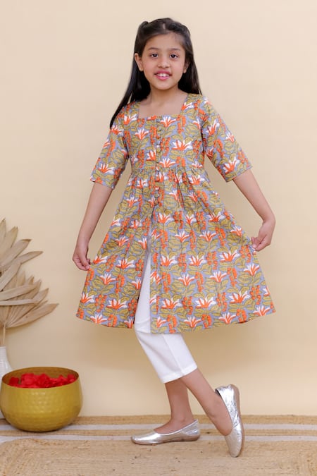 Buy_Kalp_Orange Cotton Orchid Breeze Kurta Pant Set _Online_at_Aza_Fashions