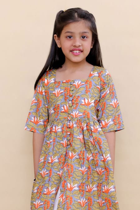 Kalp_Orange Cotton Orchid Breeze Kurta Pant Set _at_Aza_Fashions