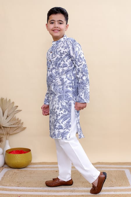 Buy_Kalp_White Cotton Blue Botanica Print Kurta Set _Online_at_Aza_Fashions