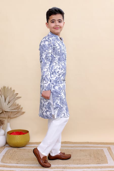 Shop_Kalp_White Cotton Blue Botanica Print Kurta Set _Online_at_Aza_Fashions