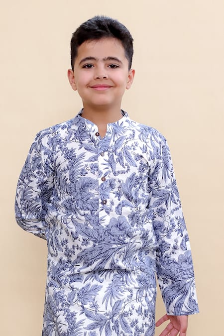 Buy_Kalp_White Cotton Blue Botanica Print Kurta Set 