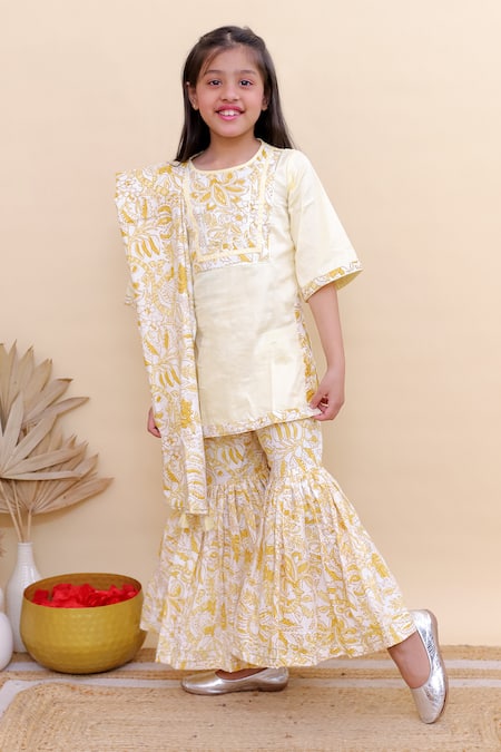 Kalp_Yellow Cotton Embroidery, Tassels Sunshine Gul Printed Kurta Sharara Set _Online_at_Aza_Fashions