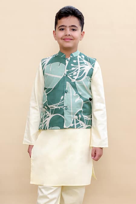 Kalp_Yellow Cotton Rainforest Printed Vest Set _Online_at_Aza_Fashions