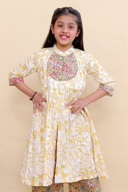 Buy_Kalp_Yellow Cotton Ruffles Marigold Frill Kurta Set _Online_at_Aza_Fashions