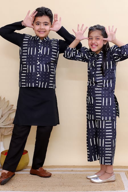 Shop_Kalp_Black Cotton Indigo Dash Nehru Jacket Set _Online_at_Aza_Fashions