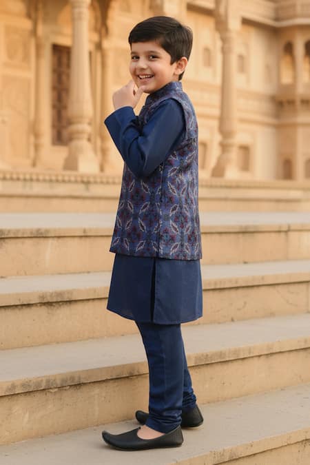 Funny Bones Clothings_Blue Silk, Cotton Embroidery Blossom Embriodered Koti Set _Online_at_Aza_Fashions