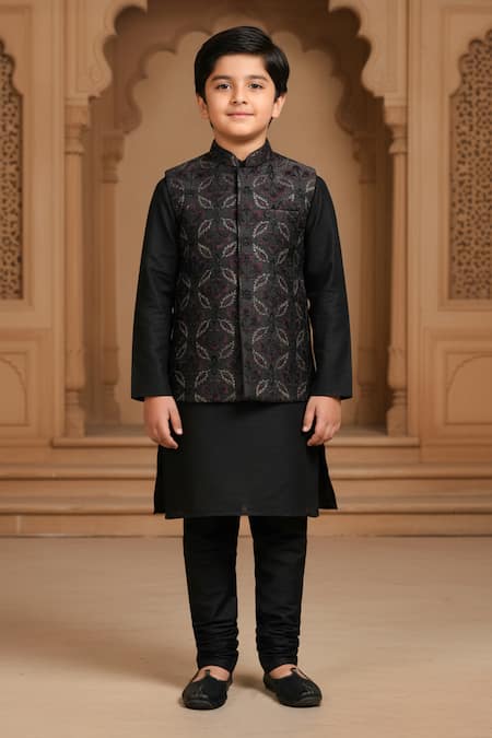 Buy_Funny Bones Clothings_Black Silk, Cotton Embroidery Blossom Koti Set _Online_at_Aza_Fashions