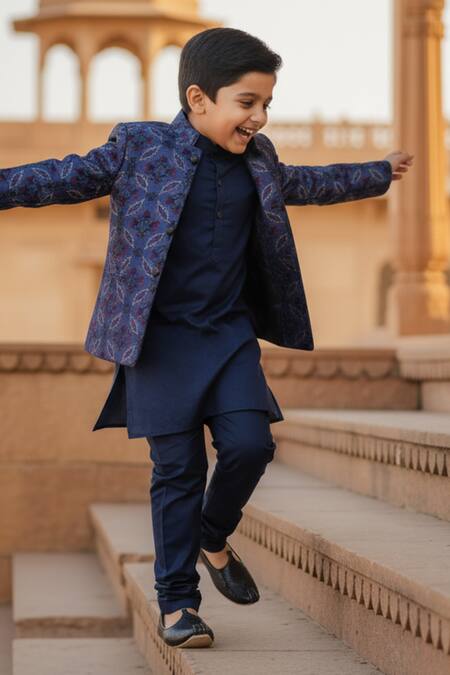 Buy_Funny Bones Clothings_Blue Silk, Cotton Embroidery Blossom Open Jodhpuri Set _Online_at_Aza_Fashions