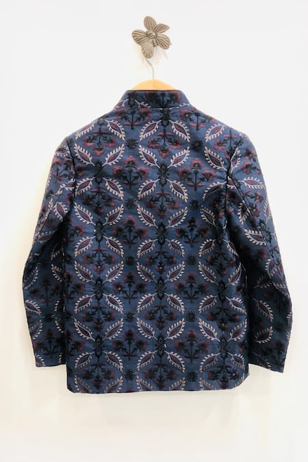 Funny Bones Clothings_Blue Silk, Cotton Embroidery Blossom Open Jodhpuri Set _at_Aza_Fashions