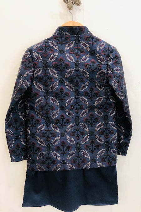 Shop_Funny Bones Clothings_Blue Silk, Cotton Embroidery Blossom Open Jodhpuri Set 