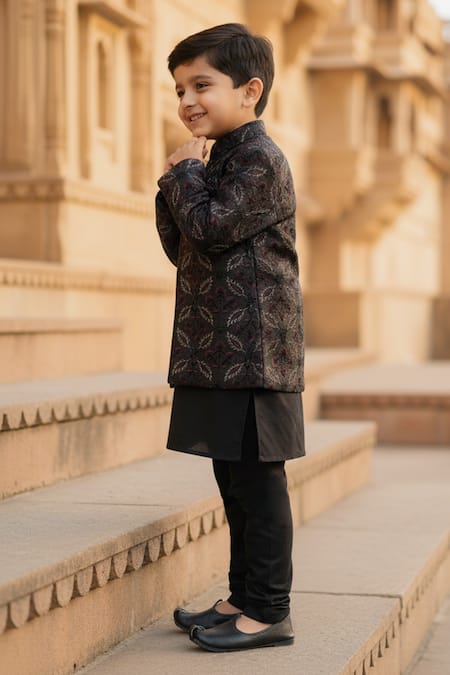 Buy_Funny Bones Clothings_Black Silk, Cotton Embroidery Blossom Open Jodhpuri Set _Online_at_Aza_Fashions