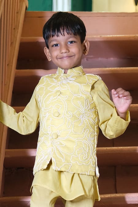 Funny Bones Clothings_Yellow Cotton Embroidery Lumin Woven Koti Set _Online_at_Aza_Fashions