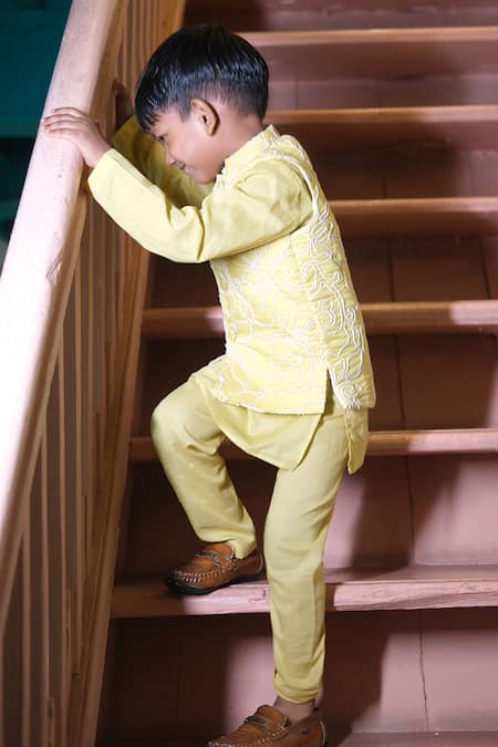 Buy_Funny Bones Clothings_Yellow Cotton Embroidery Lumin Woven Koti Set _Online_at_Aza_Fashions