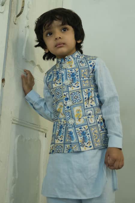 Funny Bones Clothings_Multi Color Linen Tropical Print Koti Set _Online_at_Aza_Fashions