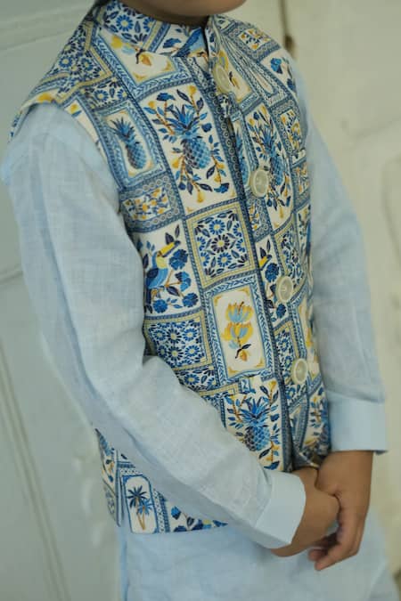 Shop_Funny Bones Clothings_Multi Color Linen Tropical Print Koti Set _Online_at_Aza_Fashions