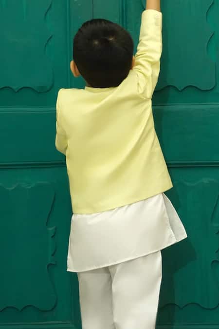 Shop_Funny Bones Clothings_Yellow Linen Brooches, Embroidery Regal Hive Jodhpuri Kurta Set _Online_at_Aza_Fashions