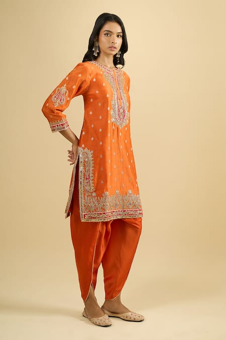 Buy_Sheetal Batra_Orange Embroidery, Zari, Sequins Round , Keyhole Kurta And Salwar Set _Online_at_Aza_Fashions