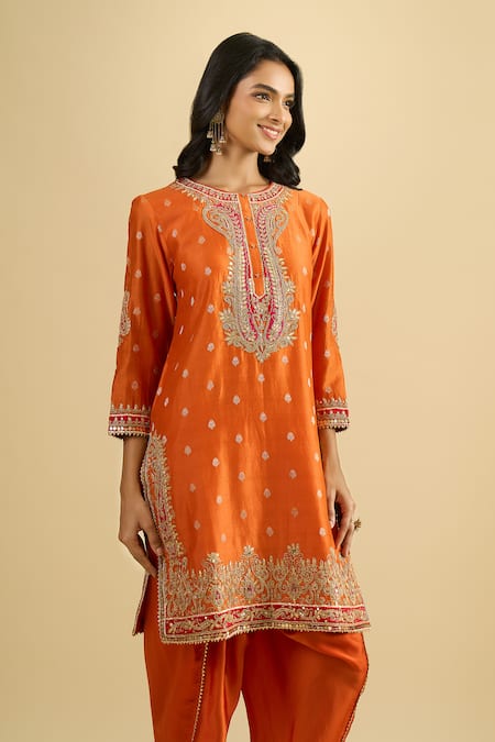 Shop_Sheetal Batra_Orange Embroidery, Zari, Sequins Round , Keyhole Kurta And Salwar Set _Online_at_Aza_Fashions