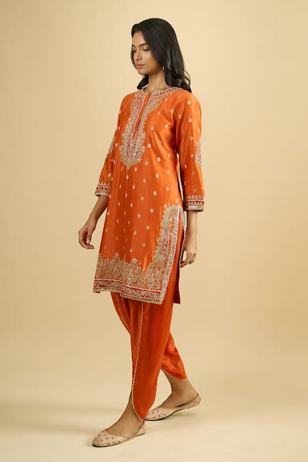 Sheetal Batra_Orange Embroidery, Zari, Sequins Round , Keyhole Kurta And Salwar Set _at_Aza_Fashions
