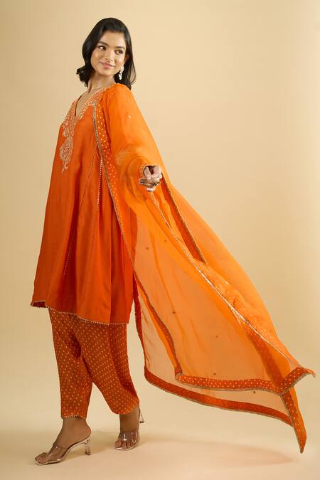 Buy_Sheetal Batra_Orange Embroidery, Foil Printing V-neck Kurta Salwar Set _Online_at_Aza_Fashions