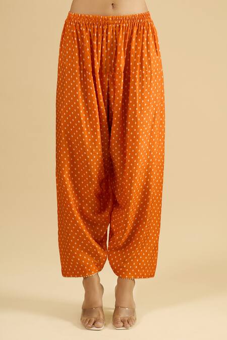 Shop_Sheetal Batra_Orange Embroidery, Foil Printing V-neck Kurta Salwar Set _Online_at_Aza_Fashions