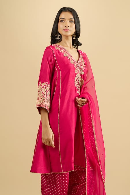 Shop_Sheetal Batra_Pink Embroidery, Piping V-neck Kurta Salwar Set _Online_at_Aza_Fashions
