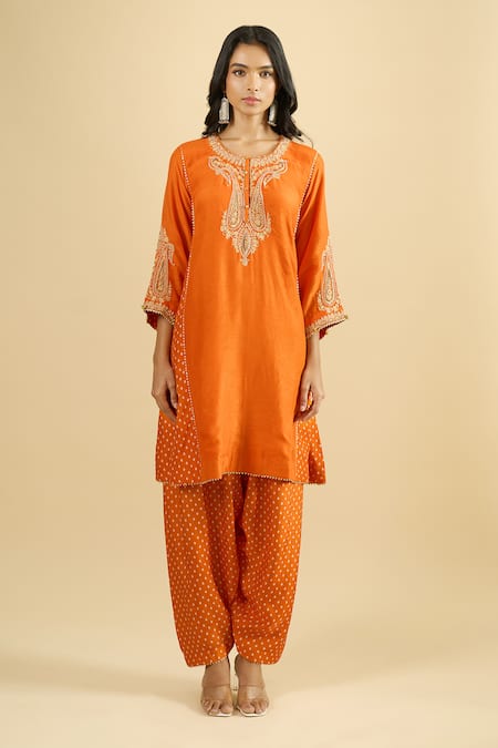 Sheetal Batra_Orange Organza Embroidery, Zari, Gota Patti Round Neck Kurta Salwar Set _at_Aza_Fashions