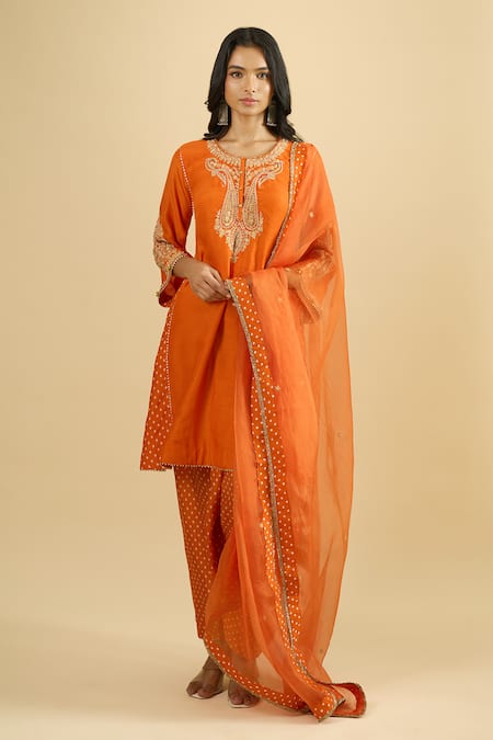 Buy_Sheetal Batra_Orange Organza Embroidery, Zari, Gota Patti Round Neck Kurta Salwar Set 