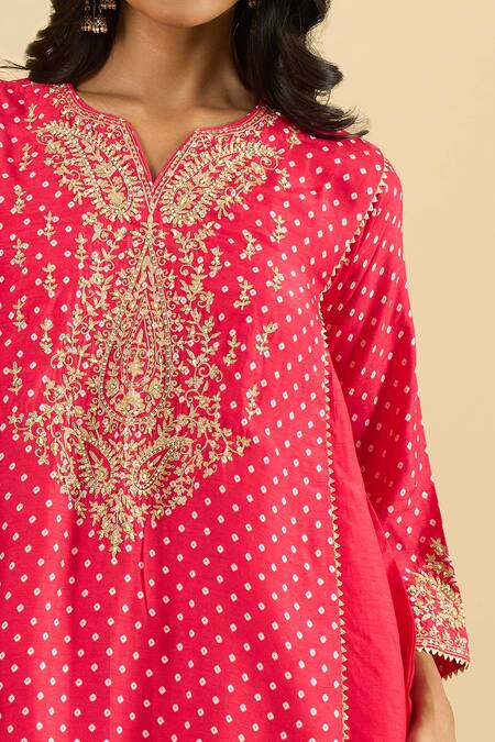 Shop_Sheetal Batra_Red Embroidery, Gota Patti V-neck Bandhani Pattern Kurta And Salwar Set _Online_at_Aza_Fashions