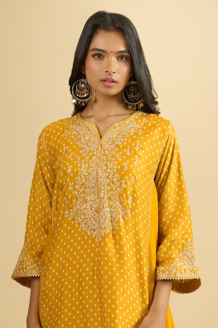 Buy_Sheetal Batra_Yellow Embroidery Split V-neck Gathered Kurta And Salwar Set _Online_at_Aza_Fashions