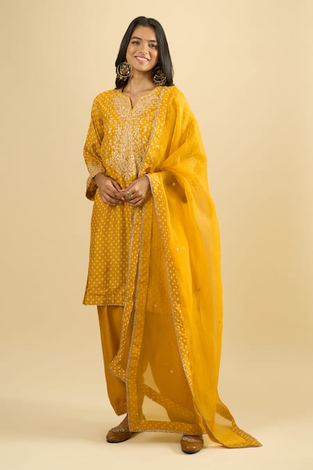 Shop_Sheetal Batra_Yellow Embroidery Split V-neck Gathered Kurta Set 