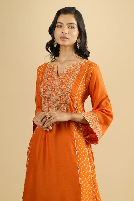 Buy_Sheetal Batra_Orange Embroidery V-neck Kurta And Salwar Set _Online_at_Aza_Fashions