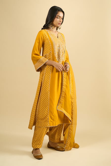 Buy_Sheetal Batra_Yellow Embroidery, Zari, Gota Patti Split V-neck Kurta Salwar Set _Online_at_Aza_Fashions