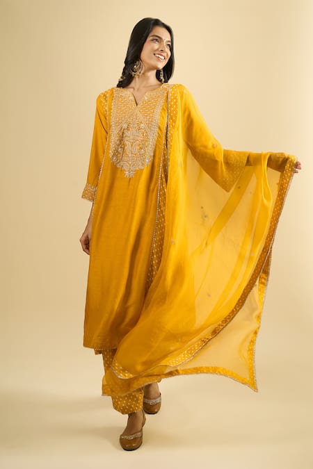 Shop_Sheetal Batra_Yellow Embroidery, Zari, Gota Patti Split V-neck Kurta Salwar Set _Online_at_Aza_Fashions