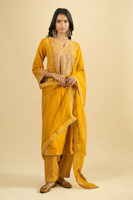 Sheetal Batra_Yellow Embroidery, Zari, Gota Patti Split V-neck Kurta Salwar Set _at_Aza_Fashions