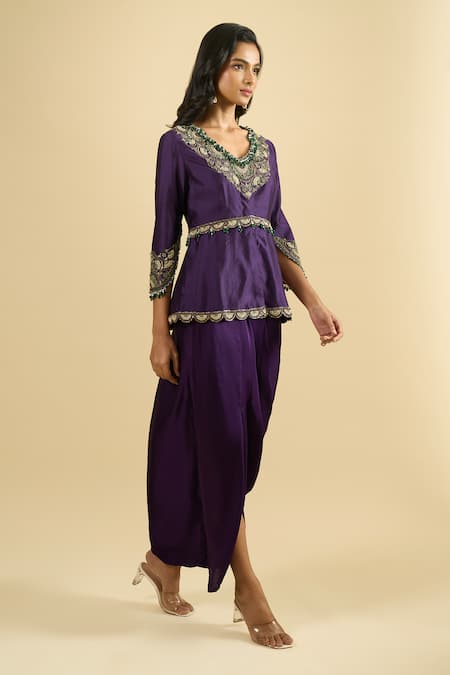 Prisho_Purple Embroidery, Beads, Tassels V-neck Peplum Kurta And Draped Skirt Set _Online_at_Aza_Fashions
