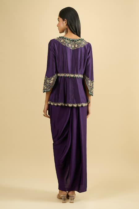 Prisho Embroidered Peplum Kurta & Draped Skirt Set 