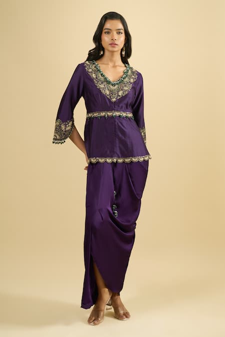 Prisho Embroidered Peplum Kurta & Draped Skirt Set 