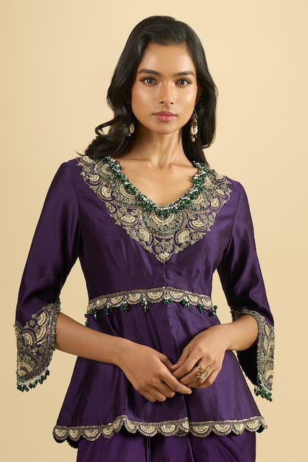 Prisho_Purple Embroidery, Beads, Tassels V-neck Peplum Kurta And Draped Skirt Set _at_Aza_Fashions