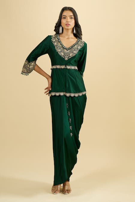 Prisho Embroidered Peplum Kurta & Draped Skirt Set 