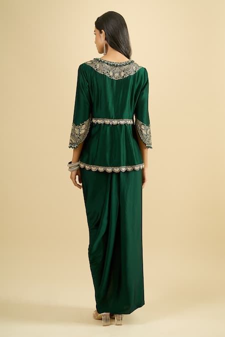 Prisho Embroidered Peplum Kurta & Draped Skirt Set 