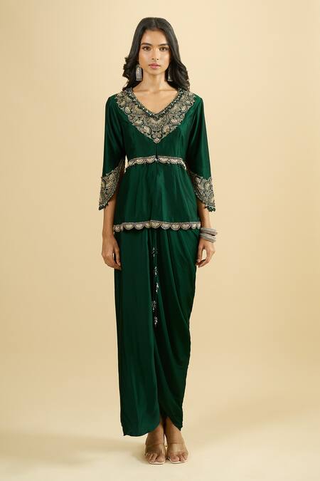 Prisho_Emerald Green Embroidery, Zari, Tassels V-neck Peplum Kurta And Draped Skirt Set _Online_at_Aza_Fashions