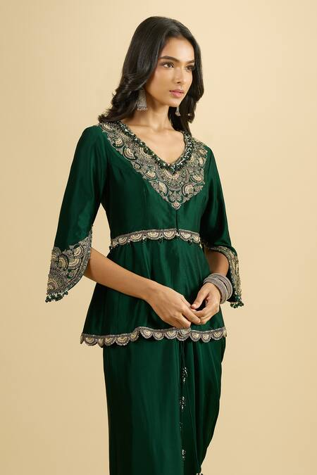 Buy_Prisho_Emerald Green Embroidery, Zari, Tassels V-neck Peplum Kurta And Draped Skirt Set _Online_at_Aza_Fashions