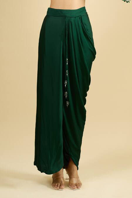 Shop_Prisho_Emerald Green Embroidery, Zari, Tassels V-neck Peplum Kurta And Draped Skirt Set _Online_at_Aza_Fashions