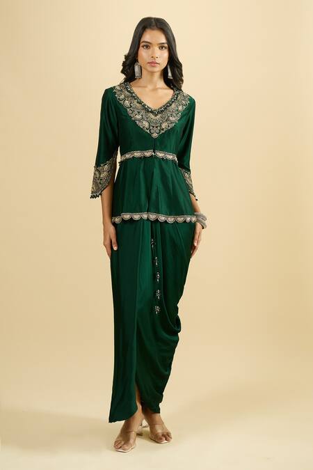 Prisho_Emerald Green Embroidery, Zari, Tassels V-neck Peplum Kurta And Draped Skirt Set _at_Aza_Fashions