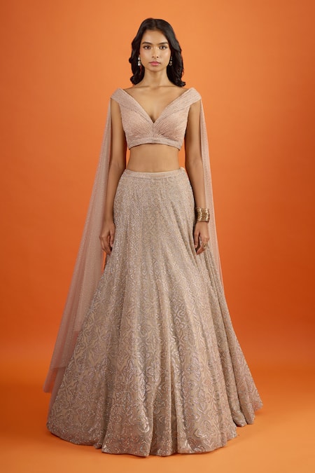 Buy_Seema Gujral_Beige Sequins, Embroidery V-neck Blouse And Lehenga Set _Online_at_Aza_Fashions