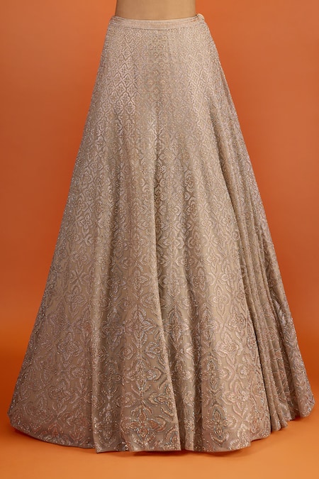 Seema Gujral_Beige Sequins, Embroidery V-neck Blouse And Lehenga Set _at_Aza_Fashions