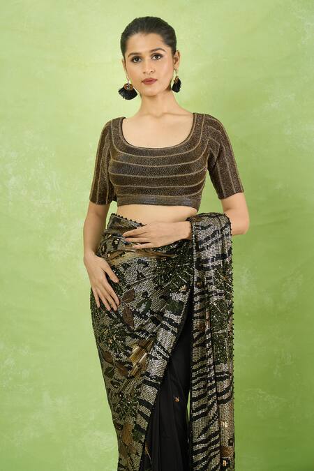 Buy_Nakul Sen_Black Silk, Chiffon Sequins Round Neck Printed Saree With Blouse _Online_at_Aza_Fashions