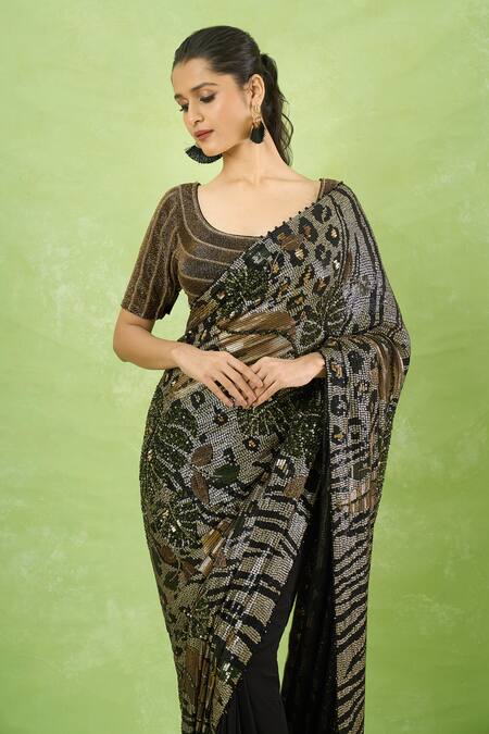Shop_Nakul Sen_Black Silk, Chiffon Sequins Round Neck Printed Saree With Blouse _Online_at_Aza_Fashions