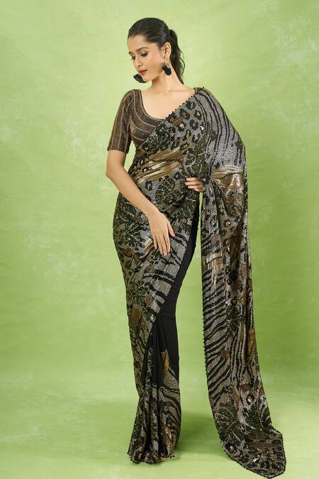 Nakul Sen_Black Silk, Chiffon Sequins Round Neck Printed Saree With Blouse _at_Aza_Fashions